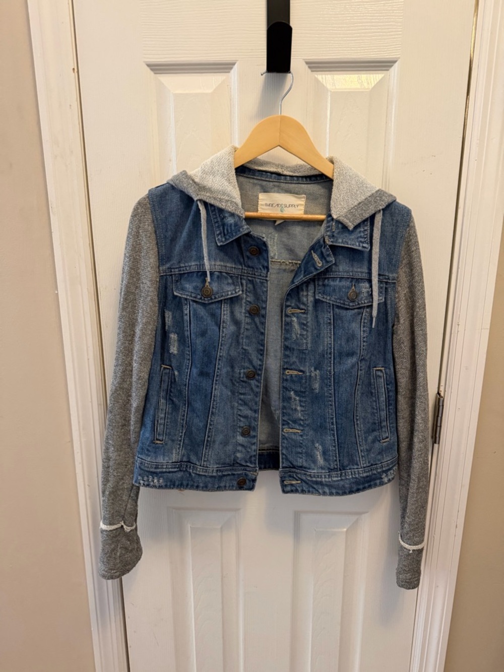 Thread & Supply Blue Denim Jacket with Gray Hoodie and Sleeves